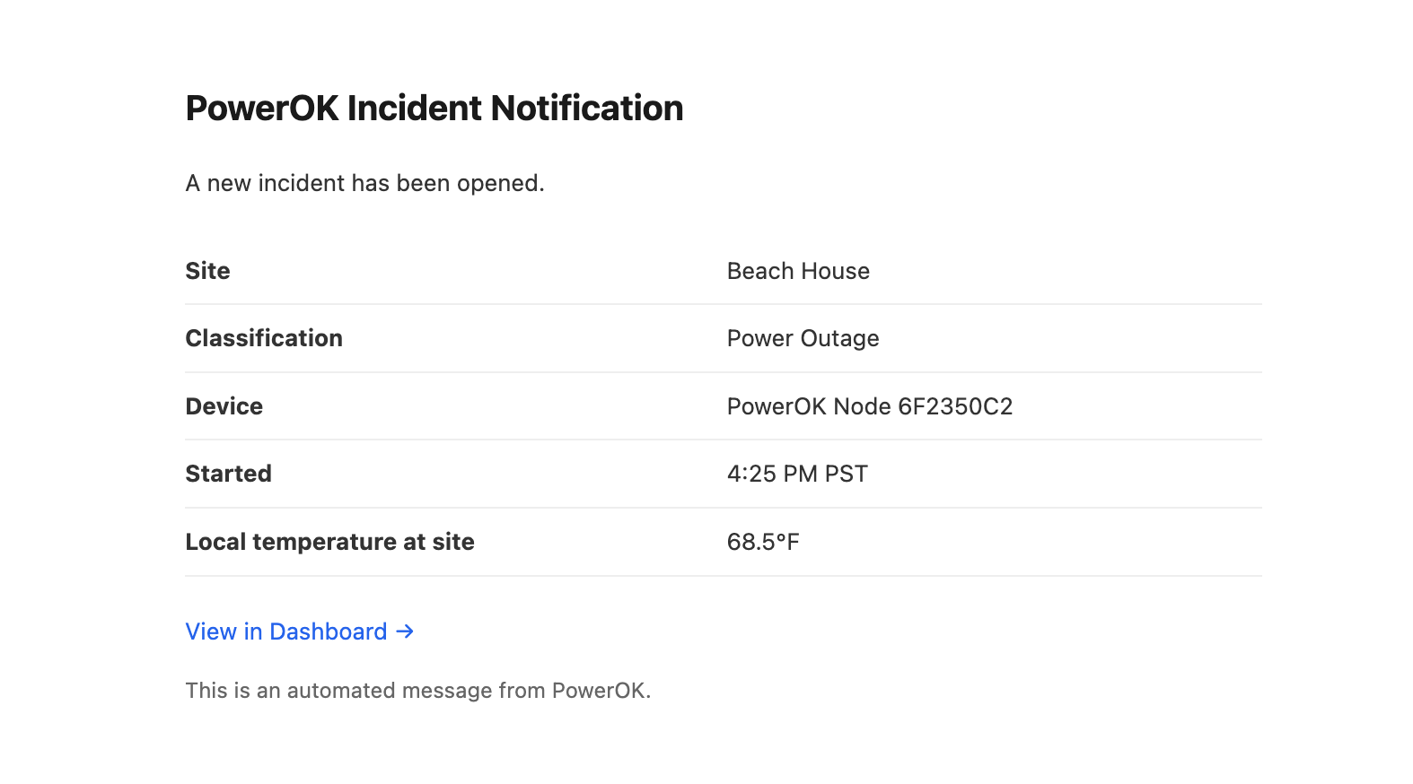 Power outage incident notification email